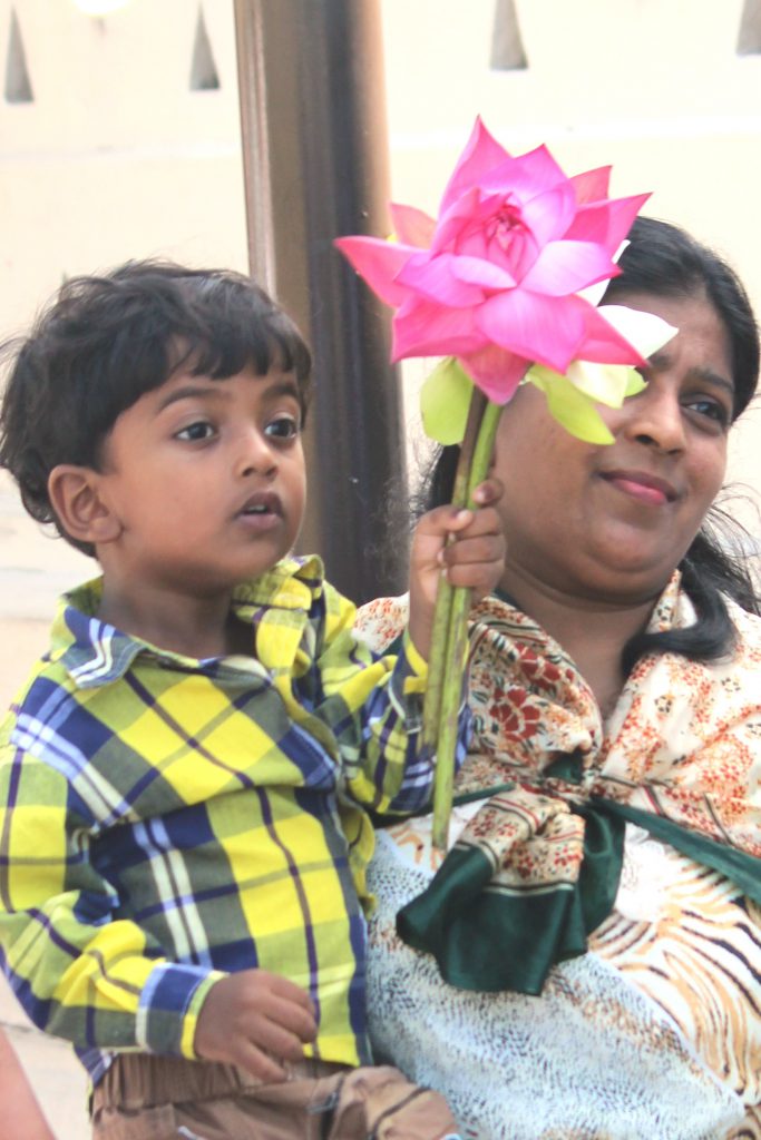 little boy and lotus flower